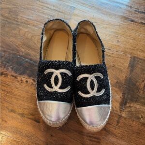 CHANEL Black and Silver Espadrilles